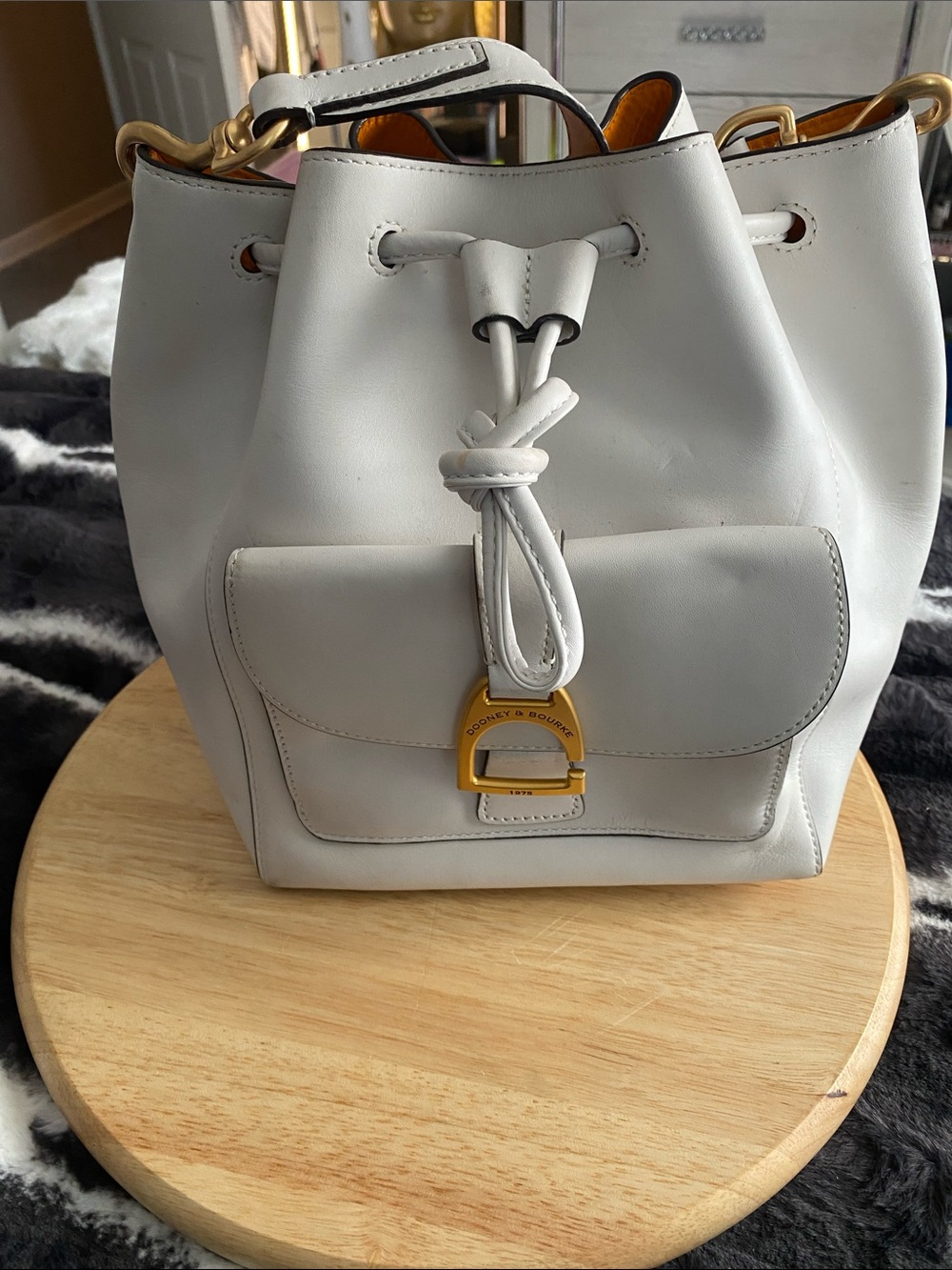 Dooney & Bourke White Leather Drawstring Bucket Bag with Gold Hardware